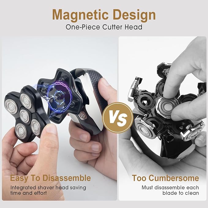 Upgrade Magnetic Head Shavers for Bald Men, Cordless & Comfort 5-in-1 Electric Razor - IPX7 Waterproof Wet/Dry Mens Grooming Kit - Easy Use Palm Shaver for a Smooth Bald Shave