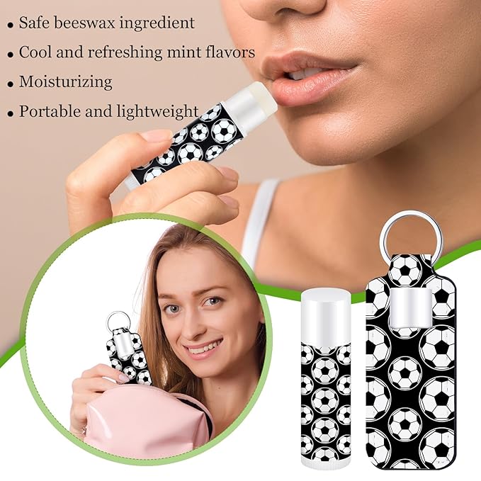 18 Sets Party Favors Lip Balm and Lipstick Holder Keychain Bulk Sport Ball Team Gifts Natural Moisturizing Lip Balm Keychains Pouch for Team Gifts Sports Party Supplies(Soccer)