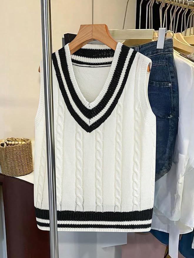 Floerns Women's V Neck Letter Striped Trim Sleeveless Sweater Vest Knit Top