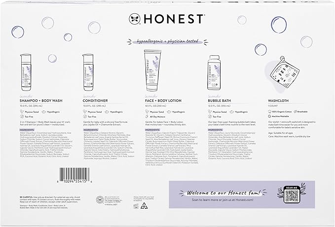 The Honest Company Calming Lavender Bathtime Gift Set | Hypoallergenic Bath Essentials for Sensitive Skin | Shampoo + Body Wash, Face + Body Lotion, Bubble Bath, Conditioner, Wash Cloth