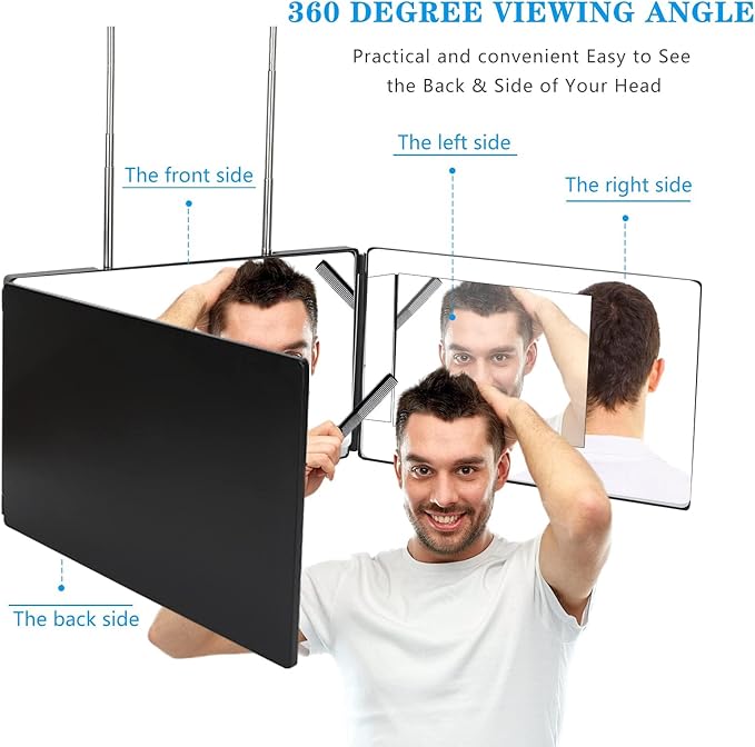 JANMPASK 3 Way Mirror for Self Hair Cutting Tools with Height Adjustable Mirror 360 Trifold for Makeup to See Back of Head (Black)