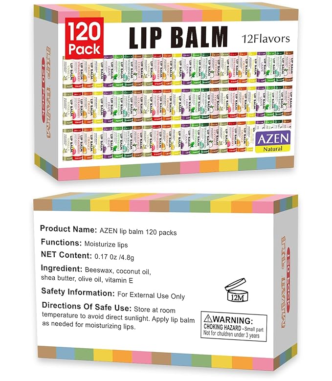AZEN 120 Pack Lip Balm, Natural Lip Balm Bulk, Lip Care Product, Moisturizing Lip Balms for dry cracked lips - 12 Flavors