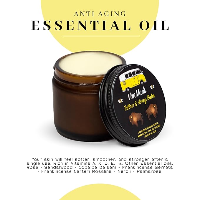 Vanman’s Tallow and Honey Balm - Grass-Fed/Finished Bison Tallow and Essential Oils, Raw Manuka Honey, Organic Royal Jelly, Beeswax, Cold Pressed Olive Oil - Tallow Skin Care for Dry Skin - 2 oz