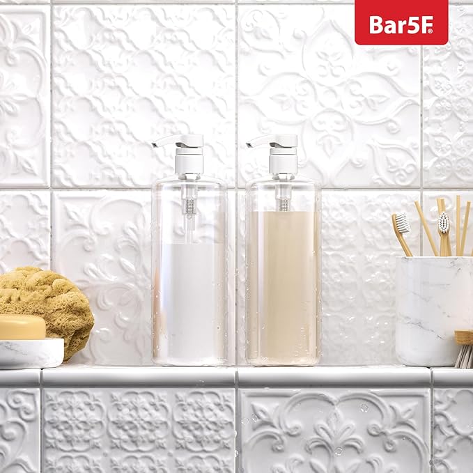 Bar5F Pump Bottle (2-Pack 32-Ounce 1-Liter) Empty for Shampoo Conditioner Body Wash Lotion BPA-Free Crystal-Clear