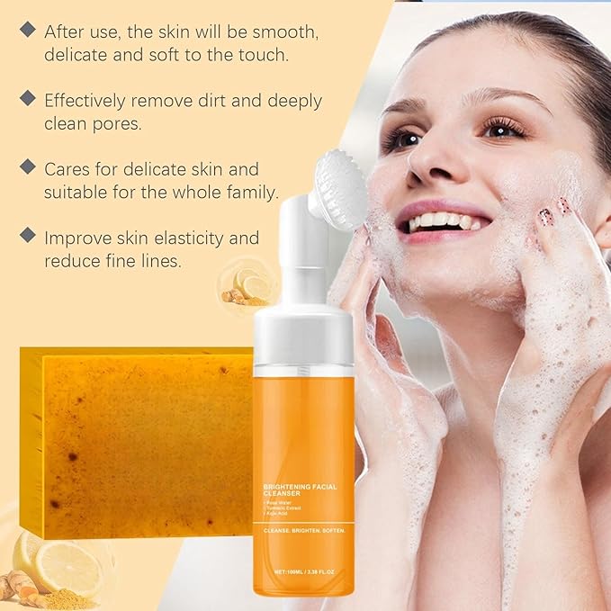 Turmeric Wash and Care Two Piece Set, Tuemeric Facial Cleanser & Turmeric Soap Combo, Turmeric Cleansing Mousse, Turmeric Face Wash and Soap Bundle for Face & Body, Deep Cleansing