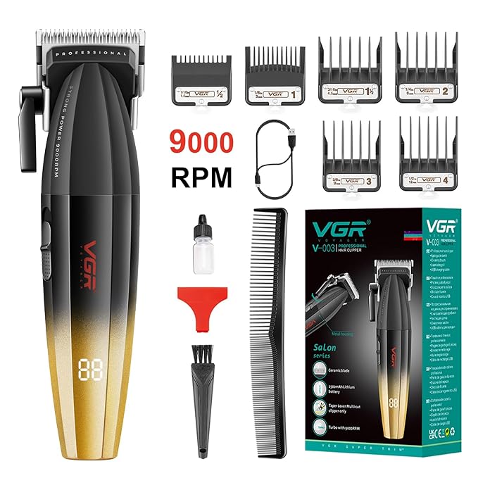 VGR 003 Fresh Fade Hair Clipper, Professional Hair Trimmer, Cord/Cordless Rechargeable Hair Cutting Tools with LED Display, 9000 RPM Barber Clippers, Gold