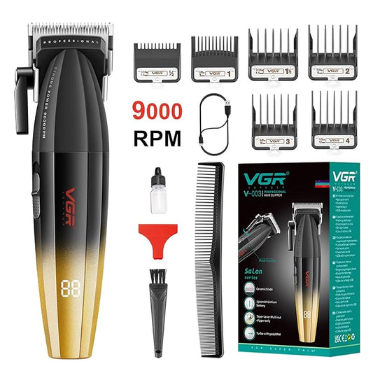 VGR 003 Fresh Fade Hair Clipper, Professional Hair Trimmer, Cord/Cordless Rechargeable Hair Cutting Tools with LED Display, 9000 RPM Barber Clippers, Gold