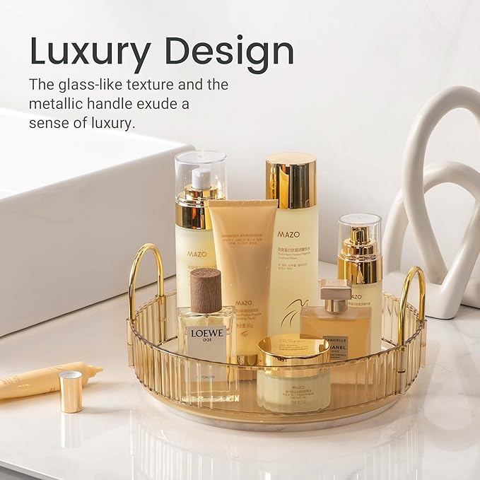360 Rotating Makeup Organizer for Vanity, Skincare Perfume Tray, Bathroom Counter Make Up Organizers and Storage, Clear Cosmetics Lipstick Spinning Holder for Dresser(Gold)