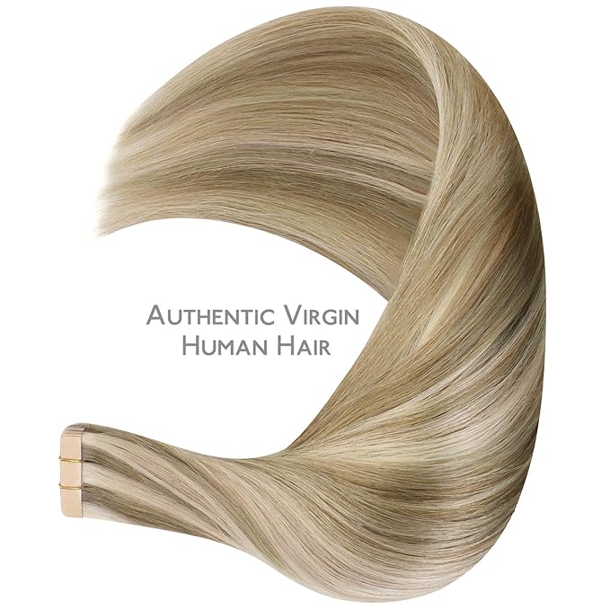 WENNALIFE Tape in Hair Extensions Human Hair Ash Brown Highlighted Golden Blonde, 10pcs 30g 24 inch Remy Hair Invisible Tape Ins Straight Colored Soft Refill Set Extensiones De Cabello Humano Con