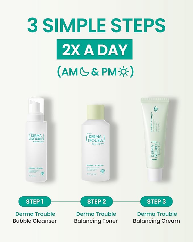 Derma Trouble 3-Step Acne Kit - Korean Skin Care Routine for Clogged Pores & Sensitive Skin, Gentle pH-Balanced Cleanser, Toner & Cream, Non-Irritating Formula. Anti-Sebum Complex, Fusiderm-T