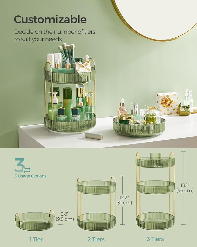 SONGMICS Makeup Organizer, 3-Tier Round Rotating Skincare Organizer Countertop, Customizable, Toiletries Vanity Organizer, Lazy Susan, Gift for Mom, Pale Green UJKA011C01