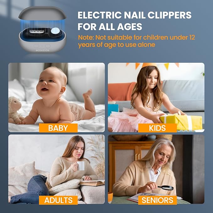 Electric Nail Clipper: 3-in-1 Automatic Fingernail Trimmer, Polisher & Clip Storage with LED Light, USB Rechargeable & 2 Speed Gears Automatic Safety Nails Cutter for Baby Kids Adult Seniors (Grey)