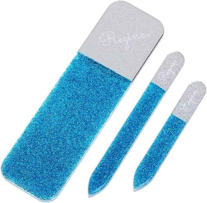 3pc Nano File Set: Professional Heavy Duty Glass Nail Files with Case Kit - Reusable Crystal Fingernail Manicure and Pedicure Tools for Men, Women, and Adults (Blue Shimmer)