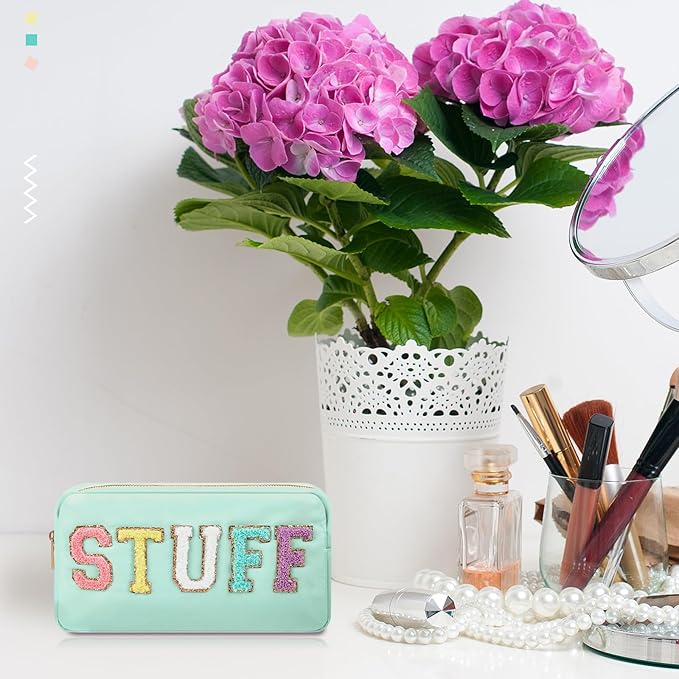 2 Pcs Preppy Chenille Letter Duffle Bag and Makeup Pouch, Travel Tote Bag Cosmetic Zipper Patch Makeup Bag (Mint Green)