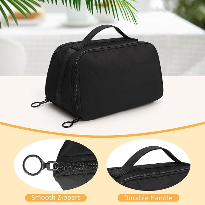 OCHEAL Travel Makeup Bag - Wide Open Cosmetic Bag for Women Make up with Two Compartments, Portable Lightweight Roomy Organizer Toiletry Bag for Girls Skincare tools Accessories-Black