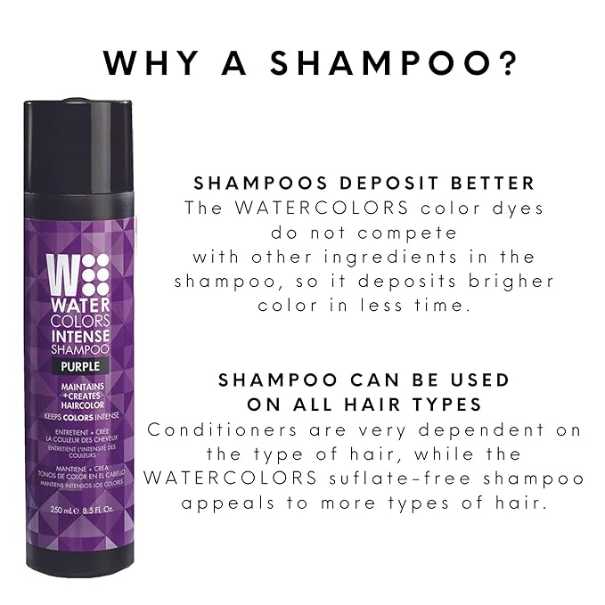 Watercolors by Tressa INTENSE 3-in-1 Color Depositing Shampoo, Semi Permanent Hair Color, Hair Dye Shampoo for Curly, Dry, and Normal Hair, 8 fl oz - PURPLE