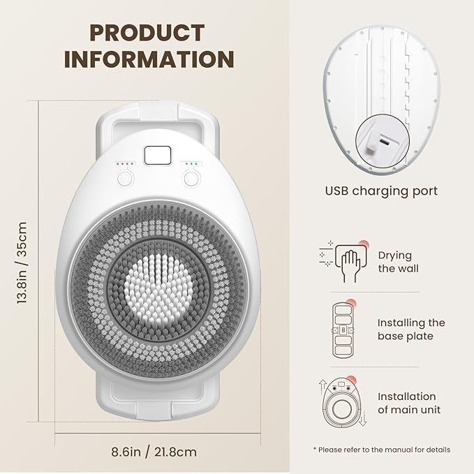 Wall Mounted Exfoliating Brush, 360° Autorotation Electric Shower Brush, with Four Deep Cleansing Heads, 3-Speed Adjustment, Ai Smart Electric Back Scrubber for Shower Wall