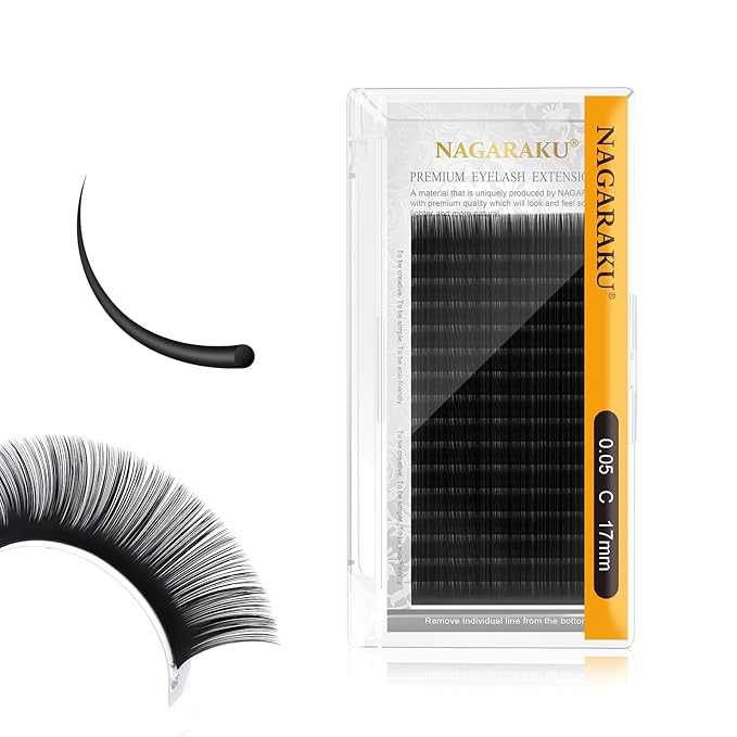 NAGARAKU Eyelash Extensions Individual Lashes 0.05mm C curl 17mm Classic Super Matte Black Soft Natural Faux Mink 16 rows Stable curl