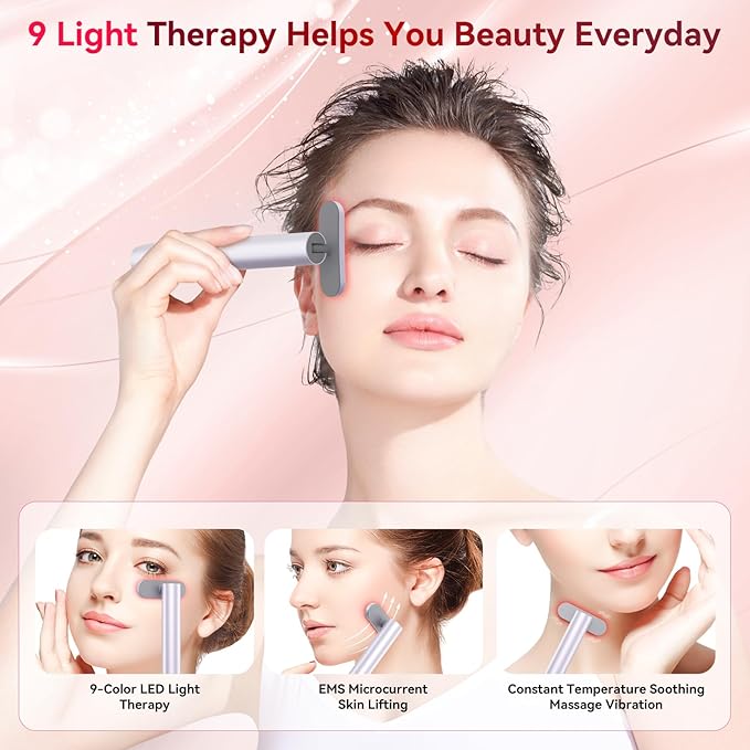 9 in 1 Red-Light-Therapy-Wand-for-Face, Portable Face Massager Tool, Microcurrent and Vibration True Beauty Glow Facial Massager Skincare Rejuvenation Tool for Women at Home, Purple