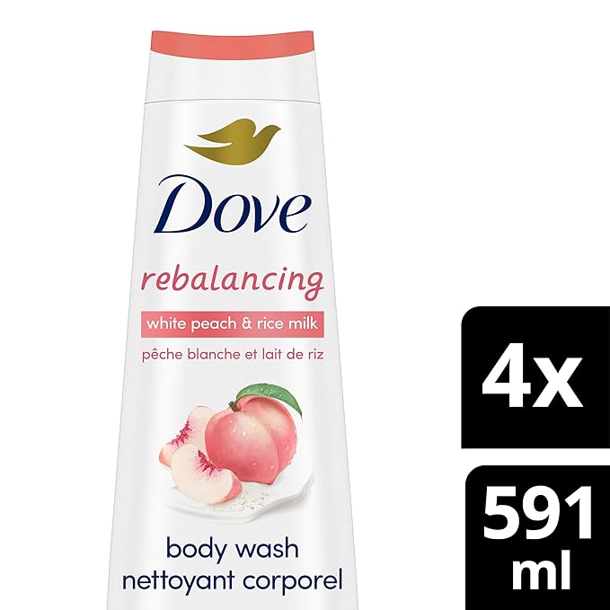 Dove Body Wash Rebalancing White Peach & Rice Milk, 4 Count for Renewed, Healthy Looking Skin, Moisturizing Gentle Skin Cleanser with 24hr Renewing MicroMoisture, 20 oz