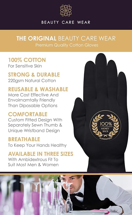 Beauty Care Wear Black Gloves XL (10 pair) - Cotton Gloves for Eczema, Cotton Gloves for Dry Hands, Black Cotton Gloves for Women, Spa Glove, Lotion Glove, Sleeping Glove