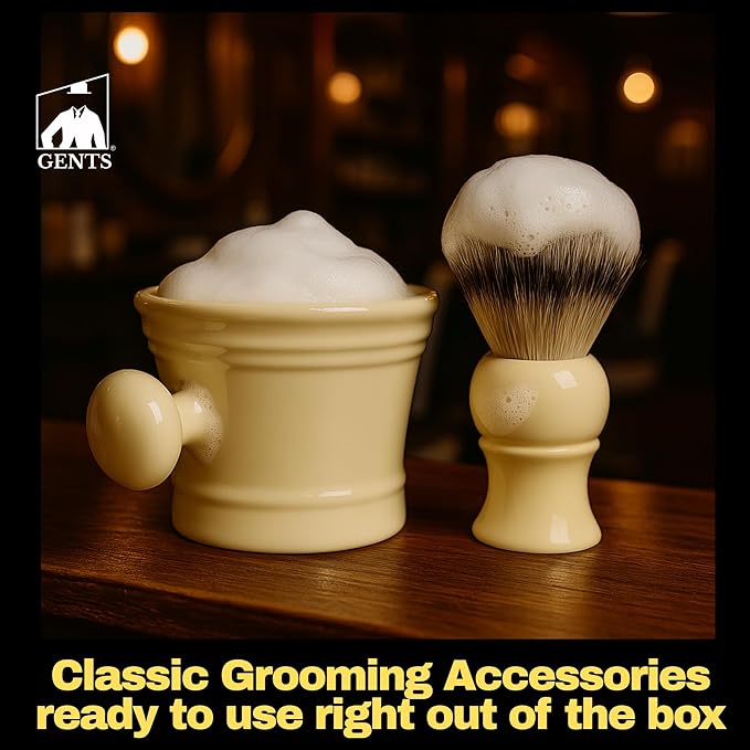 G.B.S Heavy Duty Ceramic Shaving Set – Ivory Mug with Knob Handle, Faux Ivory Handle Brush, 3 oz Natural Long-Lasting Lather Soap – Classic Wet Shaving Kit for Men
