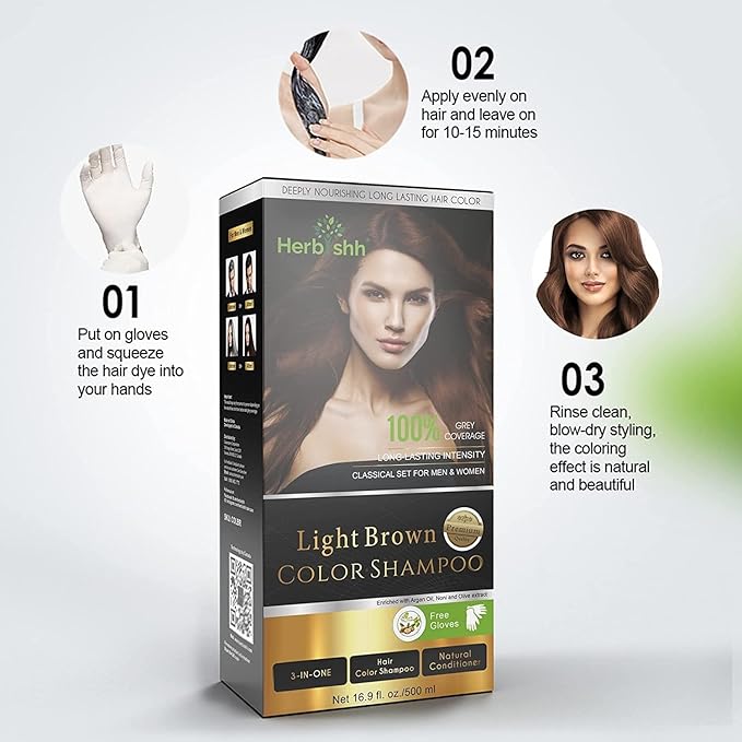 Combo Pack - Herbishh Shampoo for Gray Hair + Argan Intense Hair Mask - Long-lasting Dye Shampoo, Colors in Minutes - 500 Ml - Stimulates Dry, Frizzy Hair (Light Brown)