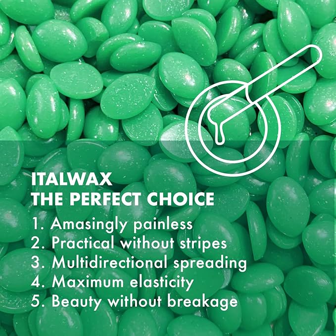 Italwax Top Line Emerald - 750g / 1.65lb - Hard wax beads for hair removal - Scent free - Synthetic formulation ideal for sensitive skins - Recommended for the Bikini Area and Armpits
