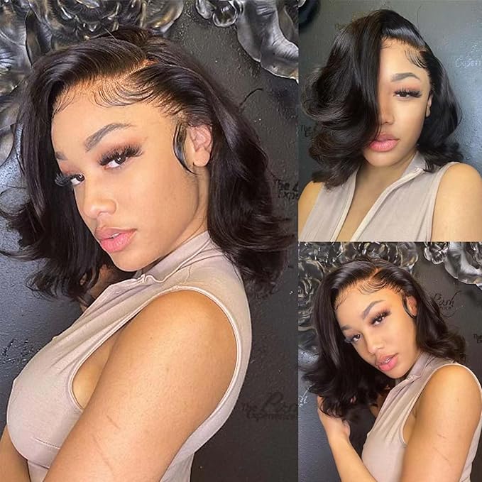 12 Inch Bob Wig Human Hair Glueless 13X4 HD Lace Front Wigs Human Hair Pre Plucked 180 Density 100% Real Human Hair Short Body Wavy Bob Wigs for Black Women Super Soft and Natural Black Color