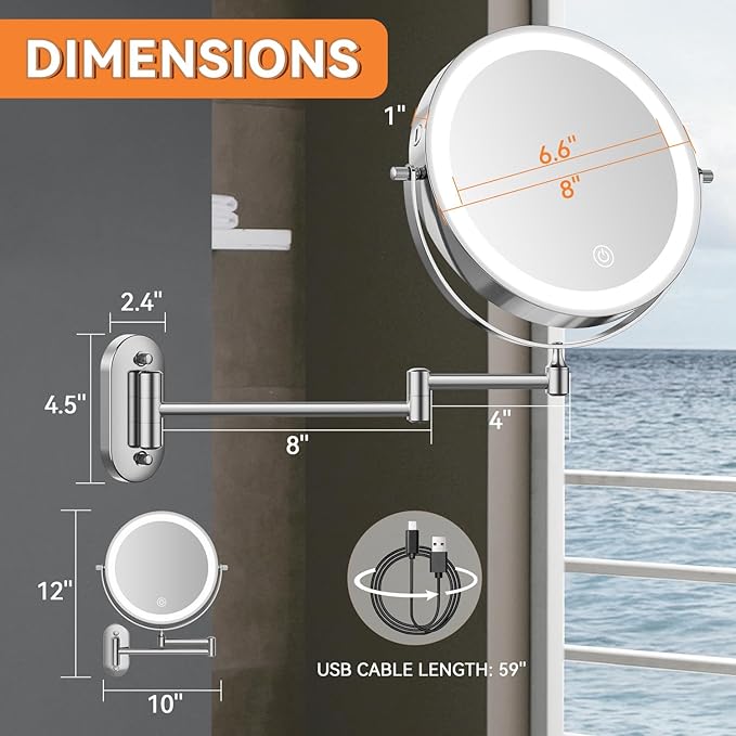 1X/20X Wall Mounted Makeup Mirror with Light, 8" Double-Sided Magnifying Mirror, 3 Color Lights Touch Dimmable Vanity Mirror with 360ยฐ Extension Rotation Foldable 14.5 Inch Arm for Bathroom, Chrome