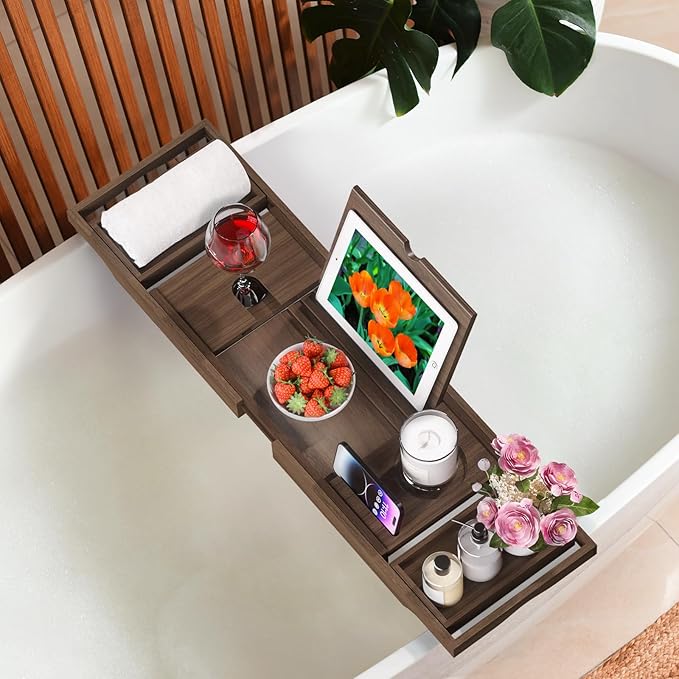 Teak Bathtub Tray, Bath Tray for Tub Bathroom Expandable Wood Bath Rack Across Tub Teak, as Unique Housewarming, Holiday, Birthday Gifts