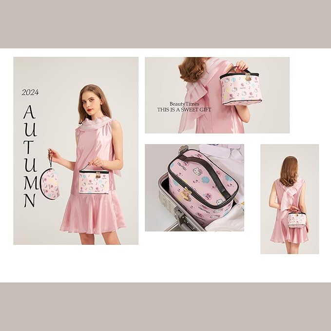 AmBealla Cosmetic Bag Large Makeup Bags Pink Travel Case with Makeup Brush Holder,2PCS Cosmetic Organizer for Women, Toiletry Storage Bag for Skincare & Beauty Tools Sweet Cute for Girls