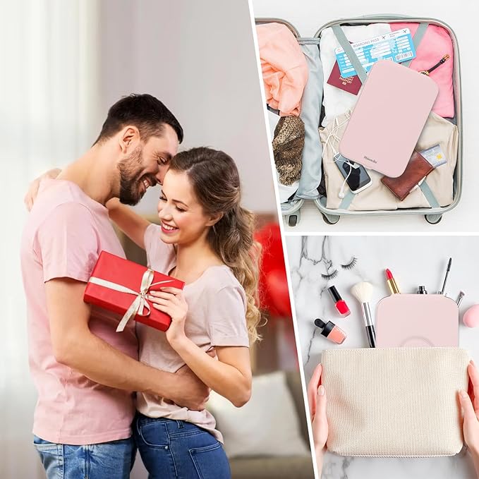 Mocado Travel Makeup Mirro with Lights, 360° Rotation Lighted Makeup Mirror, Portable Mirror with 10x Magnification, 60LEDs 3 Color Lightings, Dimmable Touch Screen, Tabletop Light up Mirror(Pink)