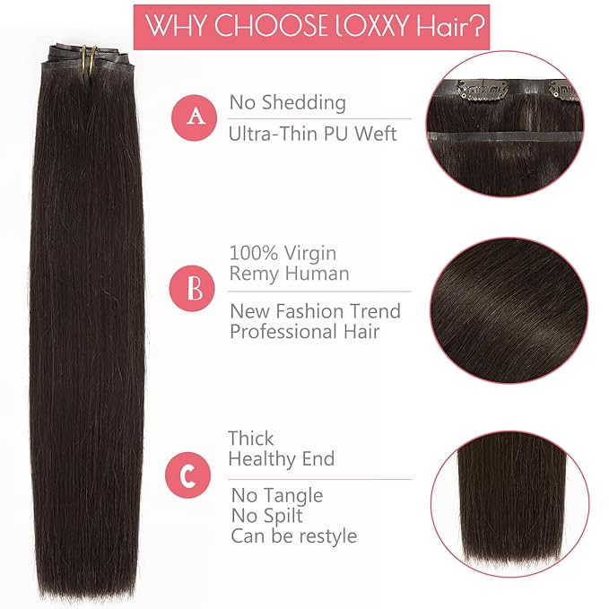 Loxxy Seamless Hair Extensions Clip in Human Hair 22inch Darkest Brown 100% Remy Natural Thick Hair Silky Straight Ultra-Invisible Tape Clip Hair Extensions 110gram #2
