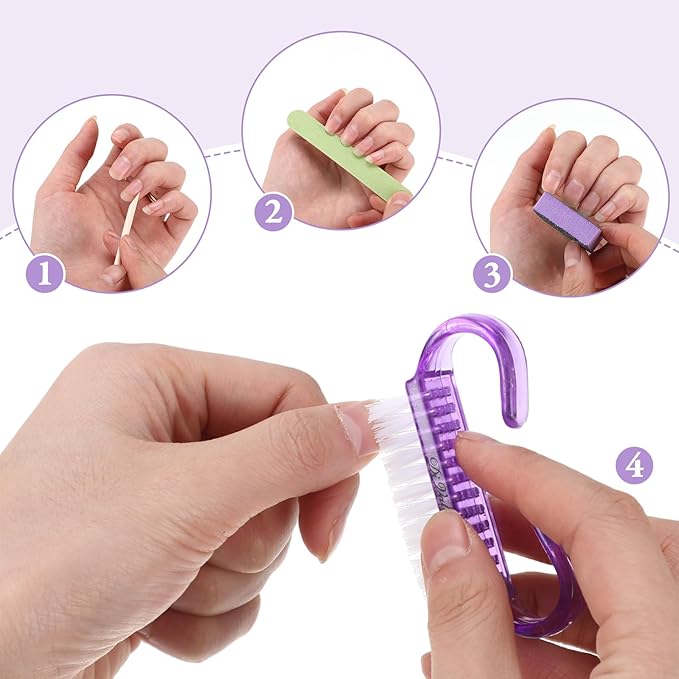 100 Sets Professional Disposable Manicure Kit Basics 4 Piece Nail Kit Wood Nail File 100/180 Grit, Mini Buffer 80/100 Grit, Wood Stick and Handle Grip Brush Gifts(Purple)