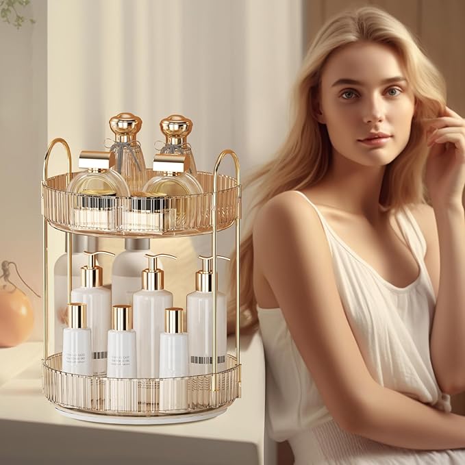 360° Rotating Makeup Organizer for Vanity - 2 Tier Perfume Organizer with Large Capacity - Skincare Organizer for Bathroom Counter - Space-Saving Cosmetic Storage for Dresser Countertop (Gold)
