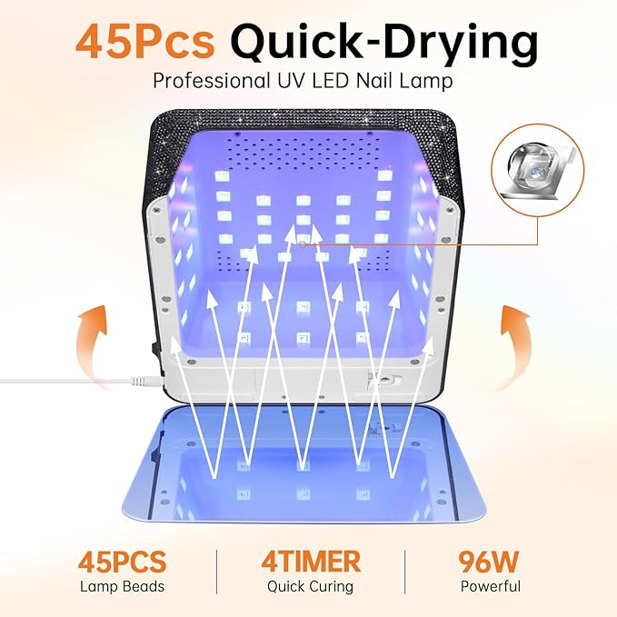 UV LED 96W Nail Lamp Professional Salon Nail Dryer Sparkly Gel Polish Light with 4 Timer Setting Quick Dry Curing Lamp with LCD Display Touch Screen Auto Sensor Home Black Diamond Rhinestone