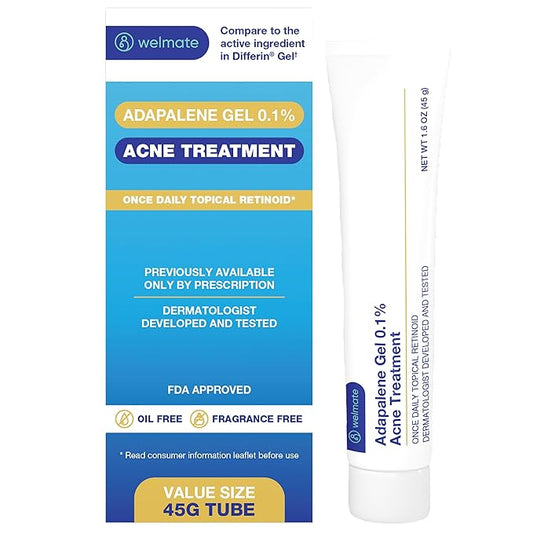 WELMATE - Adapalene Gel 0.1% - FSA HSA Acne Treatment - Skin Care - Daily Topical - Acne Skincare - Pimple Cream - Acne Cream - Oil & Fragrance Free - 1.6oz / 45g