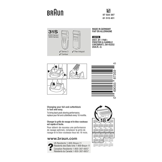 Braun Series 3 Old Generation Electric Shaver Replacement Head - 31S - Compatible with Electric Razors Contour, Flex XP, and Flex integral, 390cc, 370, 5895, 5875