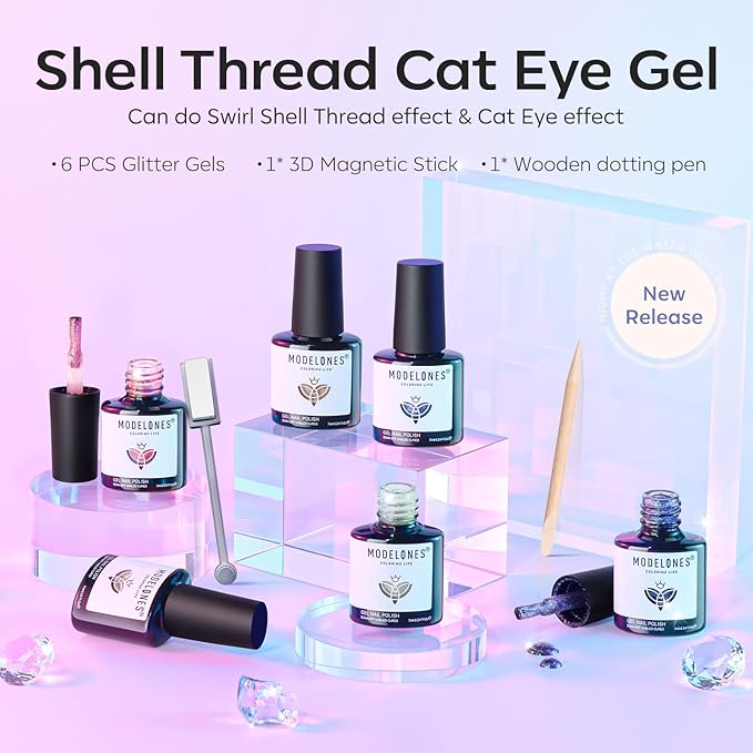 Modelones Pearl Gel Nail Polish, 6 Colors Shimmer Cat Eye Magnetic Nail Drawing Set with Magnet, Iridescent Mermaid Swirl Shell Thread Purple Pink Blue Glitter, Summer DIY Manicure Gift for Women Girl