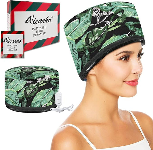 VICARKO Hair Steamer Thermal Heat Cap Deep Conditioning Natural Black Hair Scalp Treatment Spa Hot Head Care Electric for Home Use Leaf Print