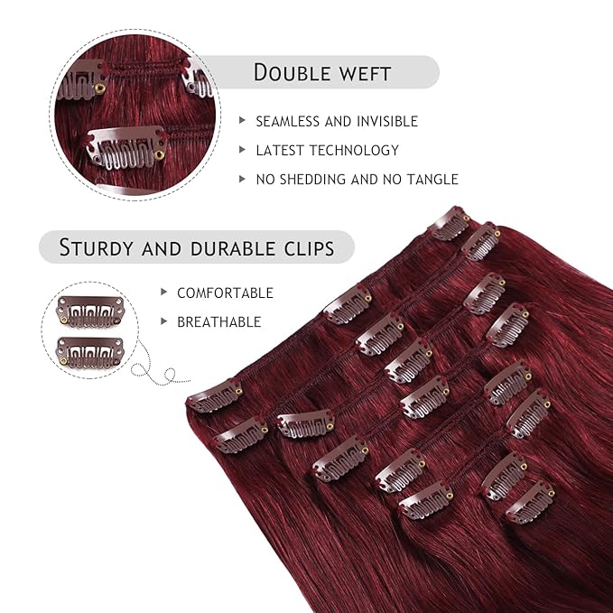 YILITE Hair Extensions Clip in Human Hair 8Pcs 120Gram/Pack Burgundy Silky Remy Human Hair Double Weft Straight Real Hair Extensions Clip ins Thick (18inches #99J Burgundy)