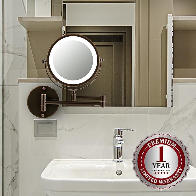 OVENTE 7" Lighted Wall Mount Makeup Mirror with 1X/7X Magnification, Cordless Double Sided Magnifying Round Vanity Mirror, 360° Swivel Design, Extendable and Folding Arm, Antique Bronze MFW70ABZ1X7X