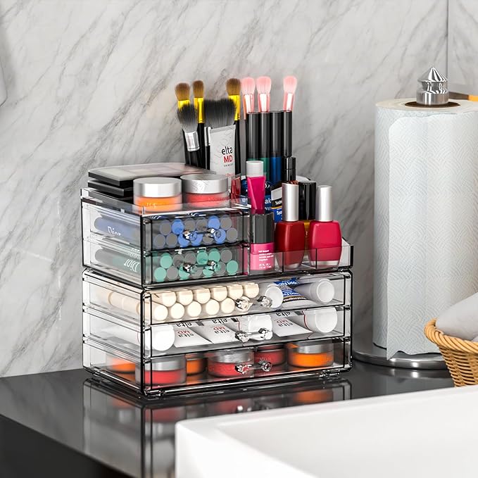 Cq acrylic Clear Make up Organizers and Storage for Vanity,2 Pcak Cute Skincare Organizer and Cosmetic Storage Organizer for Jewelry,Lipstick,Beauty,Skin Care Bathroom Counter Organizer With 5 Drawers