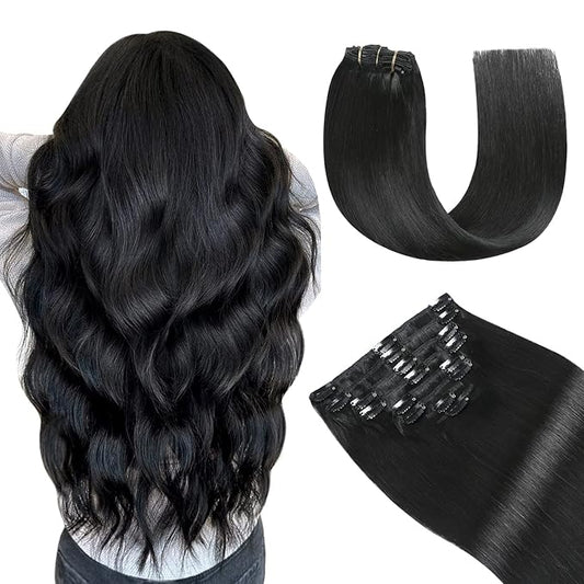 YILITE Jet Black Clip in Hair Extensions Real Human Hair 8Pcs 120Gram/Pack Silky Double Weft Straight Human Hair Extensios Clip ins Thick Real Human Hair Extensions Clip ins (18inches #1 Jet Black)