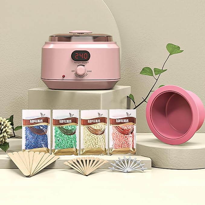 Waxing Kit for Women Men, Digital Wax Kit with Silicone Bowl & 4 Bags Hard Wax Beads, Portable Wax Warmer for Sensitive Skin Full Body Hair Removal, Brazilian Bikini, Eyebrow, Face (Pink)