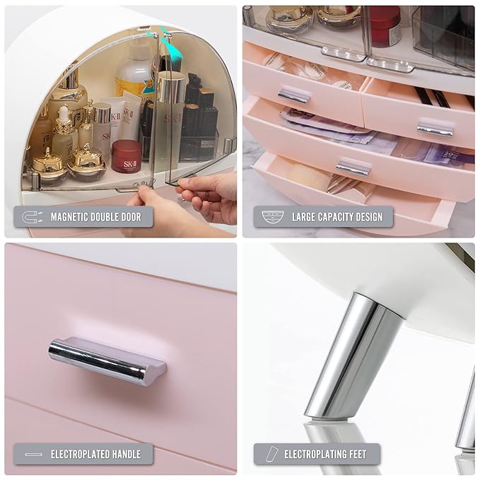 13.4''x15.7'' Makeup Organizer Large Capacity Waterproof and Dustproof Cosmetic Display Cases Desktop Beauty Storage Drawer Lipstick Skin Care Shelf (L, Pink)