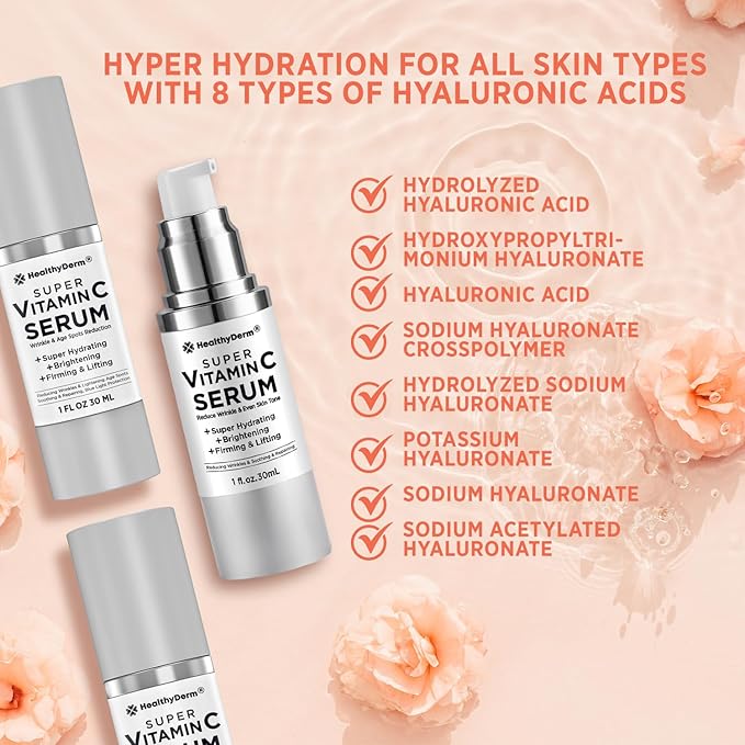Super Vitamin C Serum for Women Over 70: Vitamin C, Hyaluronic Acid, Vitamin E, Caffeine, Hydrating, Lifting, Face Wrinkle & Age Spots Reduction