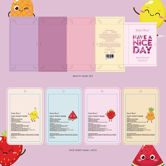 Mother's Day Gift 8 Pcs Face masks skincare,Face Mask Skin Care Bulk Pack, Hydrating Spa Face Mask, Facial sheet mask,face masks bulk For Women/Teen Girls Beauty Mask Set