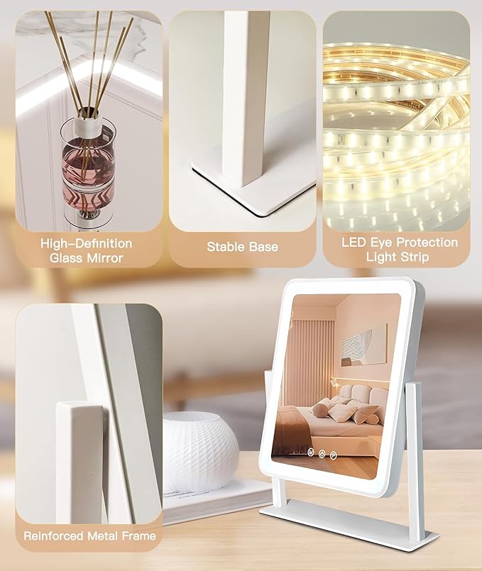 2025 Lighted Makeup Mirror, Hollywood Vanity Mirror with Lights, 3 Color Lighting Modes, 360° Rotation, Hd Glass Mirror, and 10X Magnification Mirror, Smart Touch Control for Home & Travel (White)